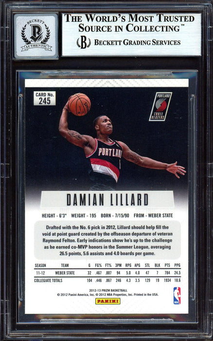 Damian Lillard Autographed 2012-13 Panini Prizm Rookie Card #245 Portland Trail Blazers Auto Grade Gem Mint 10 On Card Beckett BAS #13605097 - RSA