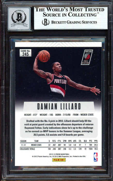 Damian Lillard Autographed 2012-13 Panini Prizm Rookie Card #245 Portland Trail Blazers Auto Grade Gem Mint 10 On Card Beckett BAS #13605091 - RSA
