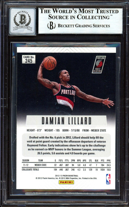 Damian Lillard Autographed 2012-13 Panini Prizm Rookie Card #245 Portland Trail Blazers Auto Grade Gem Mint 10 On Card Beckett BAS #13605094 - RSA