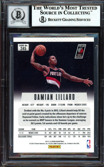 Damian Lillard Autographed 2012-13 Panini Prizm Rookie Card #245 Portland Trail Blazers Auto Grade Gem Mint 10 On Card Beckett BAS #13605095 - RSA