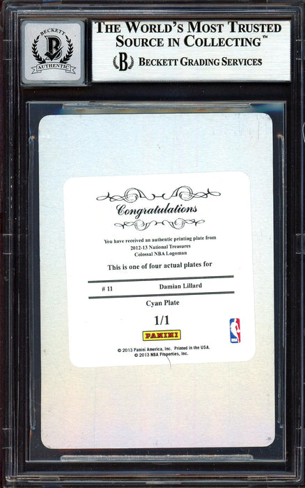 Damian Lillard Autographed 2012-13 Panini National Treasures Printing Plate 1/1 Rookie Card #11 Portland Trail Blazers Auto Grade Gem Mint 10 Colossal Logoman Beckett BAS #13605100 - RSA