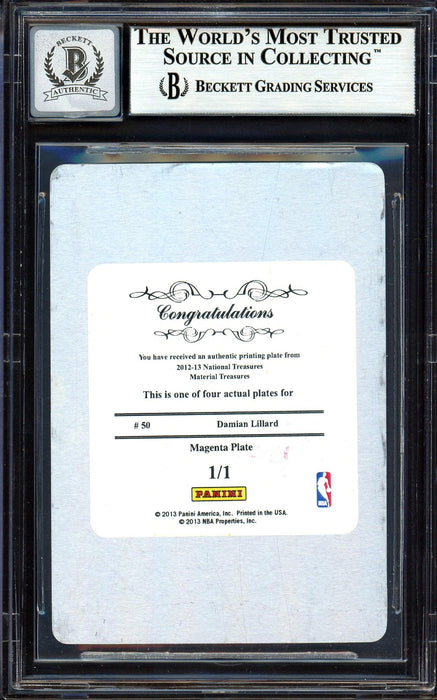 Damian Lillard Autographed 2012-13 Panini National Treasures Printing Plate 1/1 Rookie Card #50 Portland Trail Blazers Auto Grade Gem Mint 10 Majenta Beckett BAS #13605101 - RSA