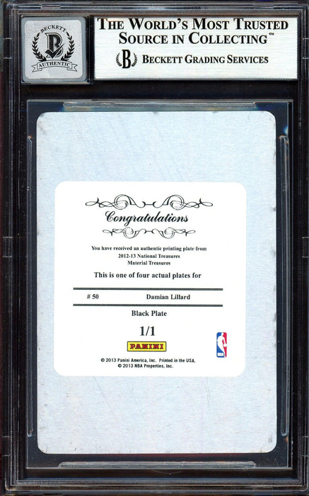 Damian Lillard Autographed 2012-13 Panini National Treasures Printing Plate 1/1 Rookie Card #50 Portland Trail Blazers Auto Grade Gem Mint 10 Black Beckett BAS #13605102 - RSA