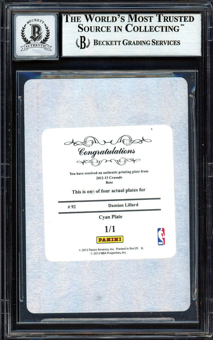 Damian Lillard Autographed 2012-13 Panini Crusade Printing Plate 1/1 Rookie Card #92 Portland Trail Blazers Auto Grade Gem Mint 10 Cyan Beckett BAS #13605103 - RSA