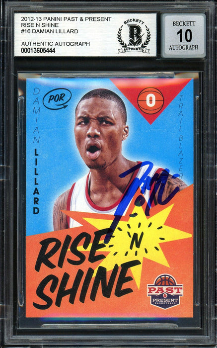 Damian Lillard Autographed 2012-13 Panini Past & Present Rise N Shine Rookie Card #16 Portland Trail Blazers Auto Grade Gem Mint 10 Beckett BAS #13605444 - RSA
