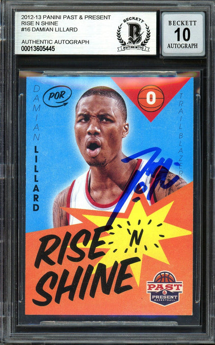 Damian Lillard Autographed 2012-13 Panini Past & Present Rise N Shine Rookie Card #16 Portland Trail Blazers Auto Grade Gem Mint 10 Beckett BAS #13605445 - RSA