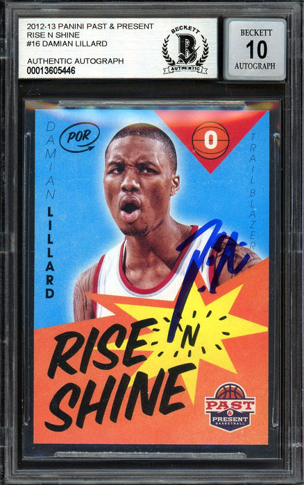 Damian Lillard Autographed 2012-13 Panini Past & Present Rise N Shine Rookie Card #16 Portland Trail Blazers Auto Grade Gem Mint 10 Beckett BAS #13605446 - RSA