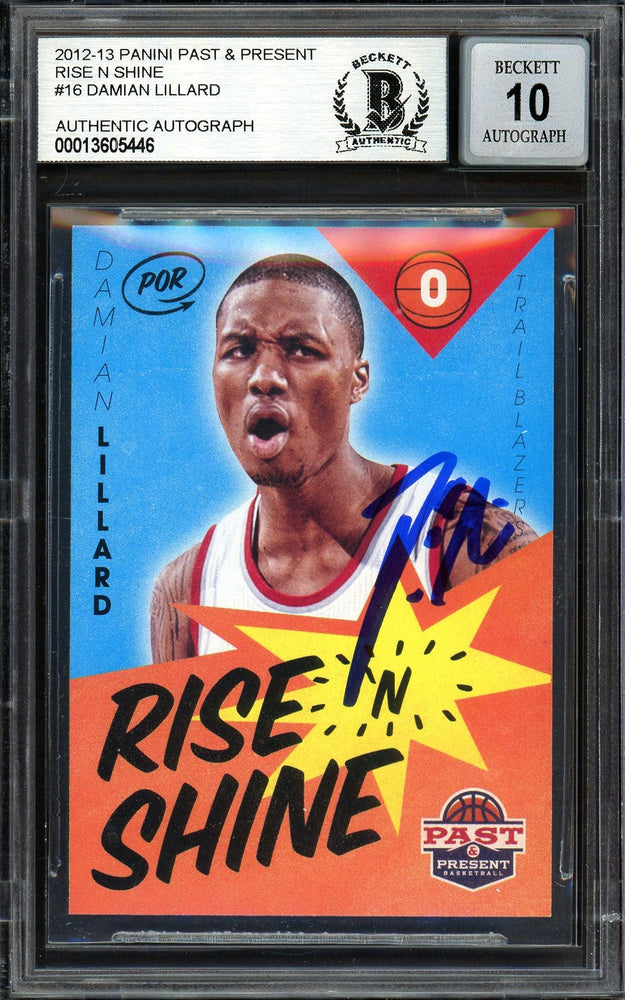Damian Lillard Autographed 2012-13 Panini Past & Present Rise N Shine Rookie Card #16 Portland Trail Blazers Auto Grade Gem Mint 10 Beckett BAS #13605446 - RSA
