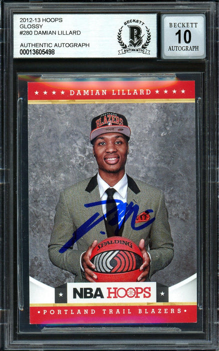 Damian Lillard Autographed 2012-13 Panini Hoops Glossy Rookie Card #280 Portland Trail Blazers Auto Grade Gem Mint 10 Beckett BAS #13605498 - RSA
