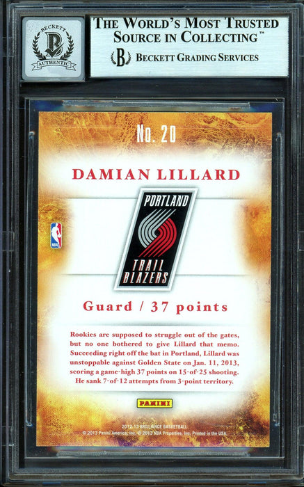 Damian Lillard Autographed 2012-13 Panini Brilliance Scorers Inc. Rookie Card #20 Portland Trail Blazers Auto Grade Gem Mint 10 Beckett BAS #13605500 - RSA