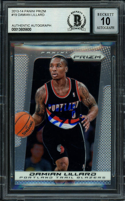 Damian Lillard Autographed 2013-14 Panini Prizm Card #19 Portland Trail Blazers Auto Grade Gem Mint 10 Beckett BAS Stock #199600 - RSA