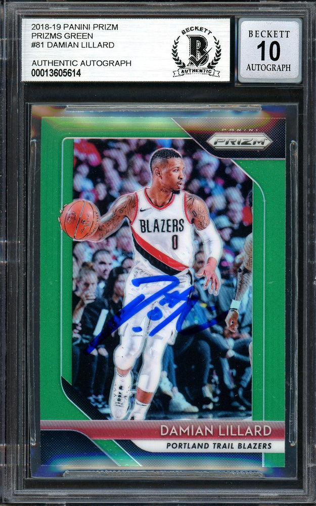 Damian Lillard Autographed 2018-19 Panini Prizm Green Card #81 Portland Trail Blazers Auto Grade Gem Mint 10 Beckett BAS Stock #199601 - RSA