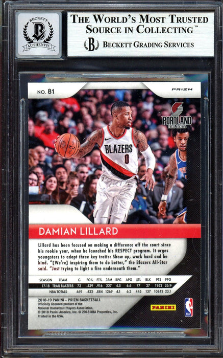 Damian Lillard Autographed 2018-19 Panini Prizm Green Card #81 Portland Trail Blazers Auto Grade Gem Mint 10 Beckett BAS Stock #199601 - RSA