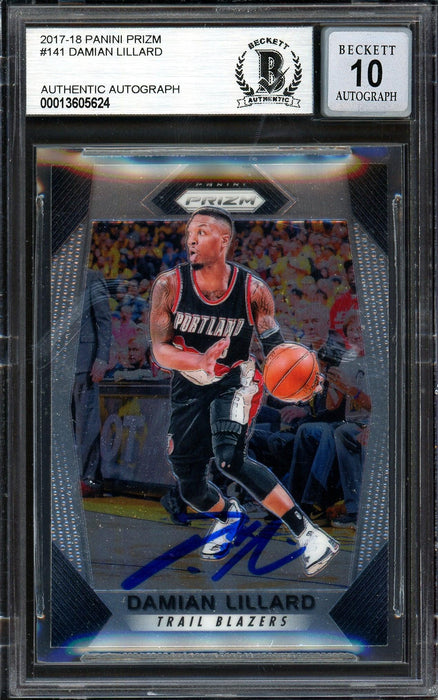 Damian Lillard Autographed 2017-18 Panini Prizm Card #141 Portland Trail Blazers Auto Grade Gem Mint 10 Beckett BAS Stock #199602 - RSA