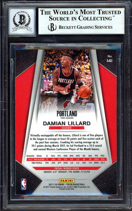 Damian Lillard Autographed 2017-18 Panini Prizm Card #141 Portland Trail Blazers Auto Grade Gem Mint 10 Beckett BAS Stock #199602 - RSA