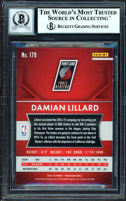 Damian Lillard Autographed 2015-16 Panini Prizm Card #179 Portland Trail Blazers Auto Grade Gem Mint 10 Beckett BAS Stock #199603 - RSA