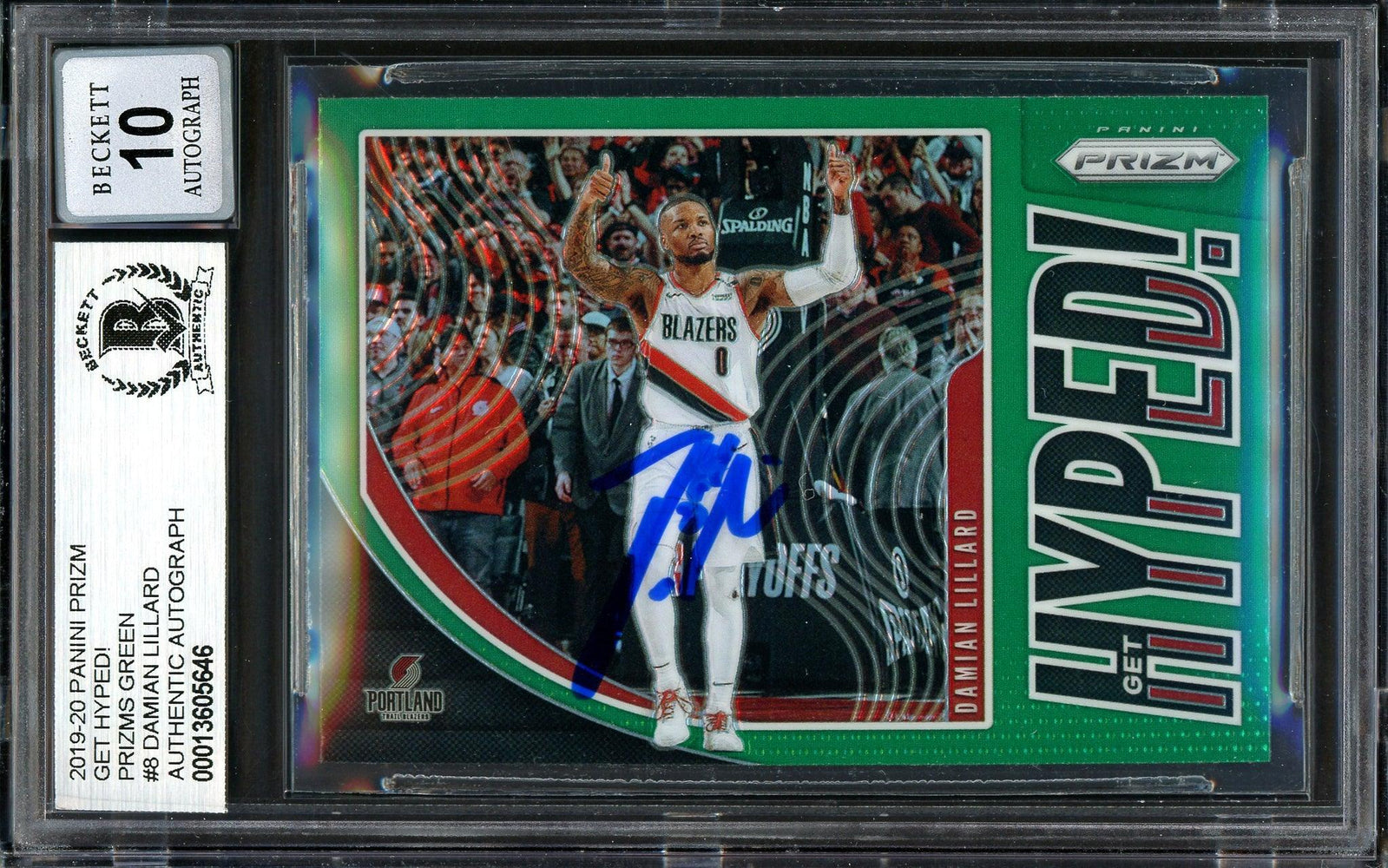 Damian Lillard Autographed 2019-20 Panini Prizm Get Hyped Green Card #8 Portland Trail Blazers Auto Grade Gem Mint 10 Beckett BAS #13605646 - RSA