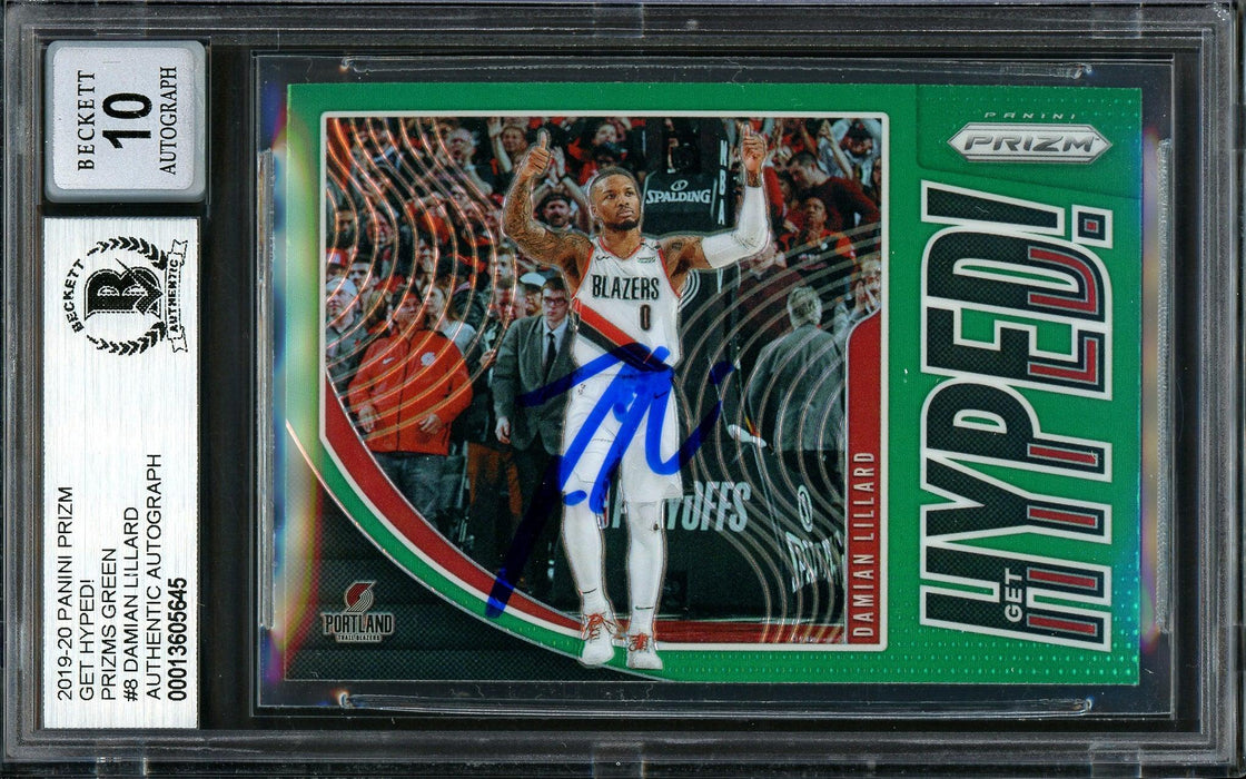 Damian Lillard Autographed 2019-20 Panini Prizm Get Hyped Green Card #8 Portland Trail Blazers Auto Grade Gem Mint 10 Beckett BAS #13605645 - RSA