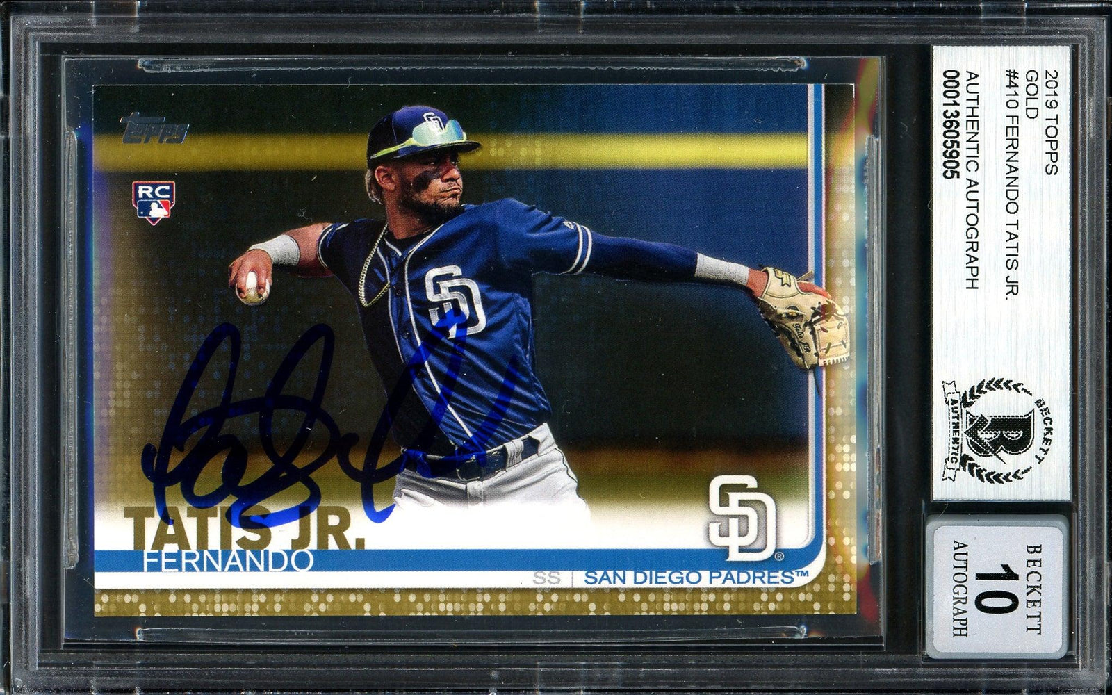 Fernando Tatis Jr. Autographed 2019 Topps Gold Rookie Card #410 San Diego Padres Auto Grade Gem Mint 10 #211/2019 Beckett BAS #13605905 - RSA