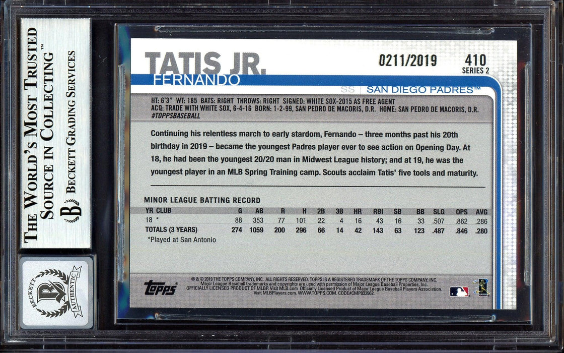 Fernando Tatis Jr. Autographed 2019 Topps Gold Rookie Card #410 San Diego Padres Auto Grade Gem Mint 10 #211/2019 Beckett BAS #13605905 - RSA
