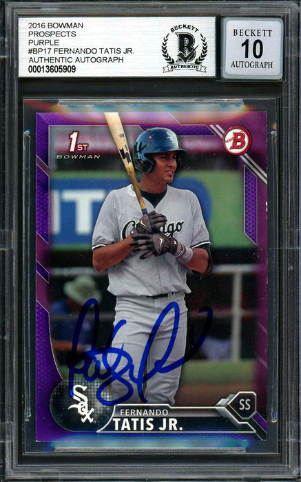 Fernando Tatis Jr. Autographed 2016 Bowman Purple Paper Rookie Card #BP17 San Diego Padres Auto Grade Gem Mint 10 #161/250 Beckett BAS #13605909 - RSA