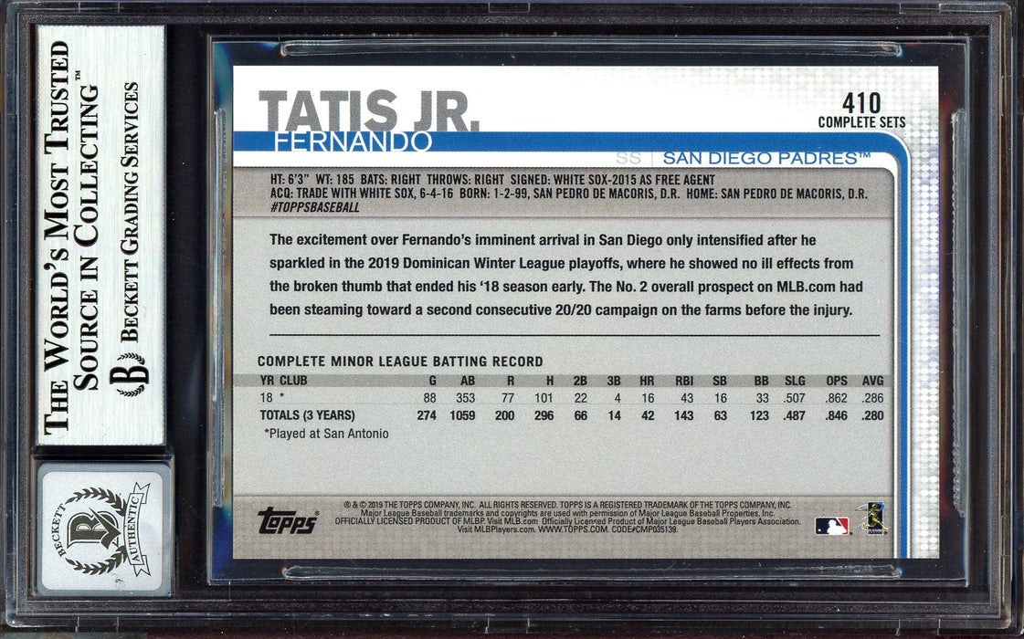 Fernando Tatis Jr. Autographed 2019 Topps Complete Set Rookie Card #410 San Diego Padres Auto Grade Gem Mint 10 Beckett BAS #13606467 - RSA