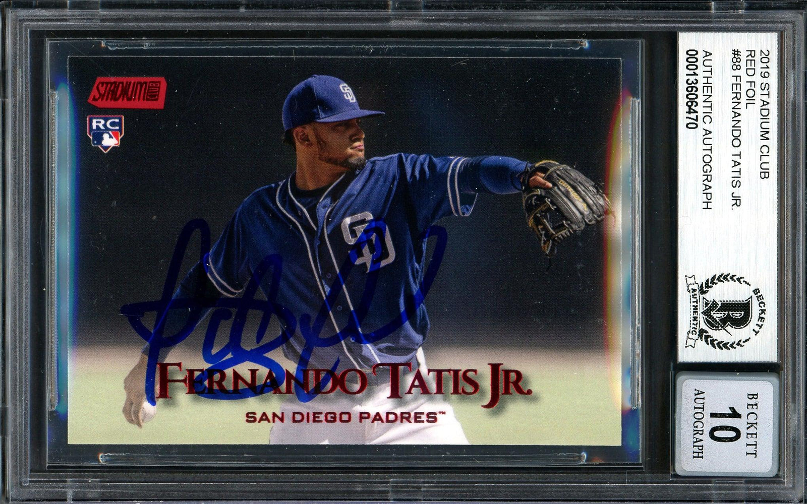 Fernando Tatis Jr. Autographed 2019 Stadium Club Red Rookie Card #88 San Diego Padres Auto Grade Gem Mint 10 Beckett BAS #13606470 - RSA