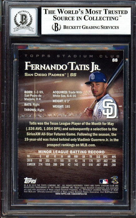Fernando Tatis Jr. Autographed 2019 Stadium Club Rookie Card #88 San Diego Padres Auto Grade Gem Mint 10 Beckett BAS #13606473 - RSA