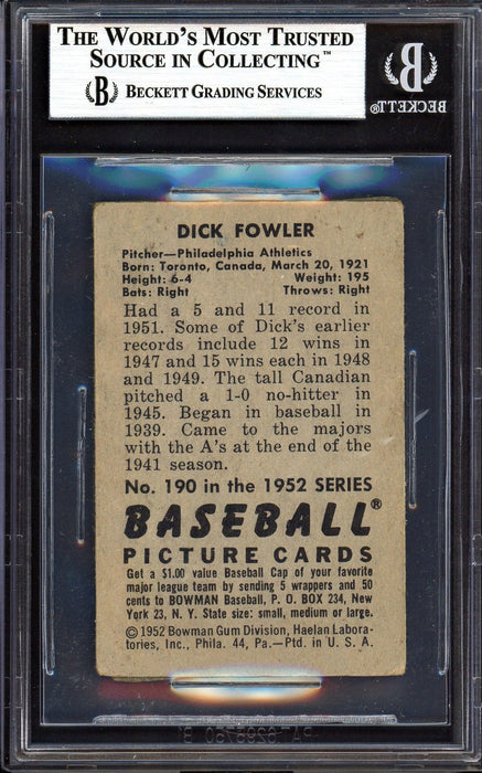 Dick Fowler Autographed 1952 Bowman Card #190 Philadelphia A's Beckett BAS #13608023 - RSA