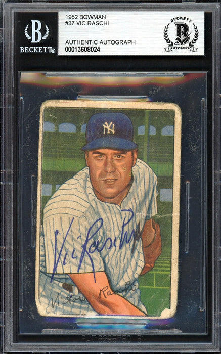 Vic Raschi Autographed 1952 Bowman Card #37 New York Yankees (Back Damage) Beckett BAS #13608024 - RSA