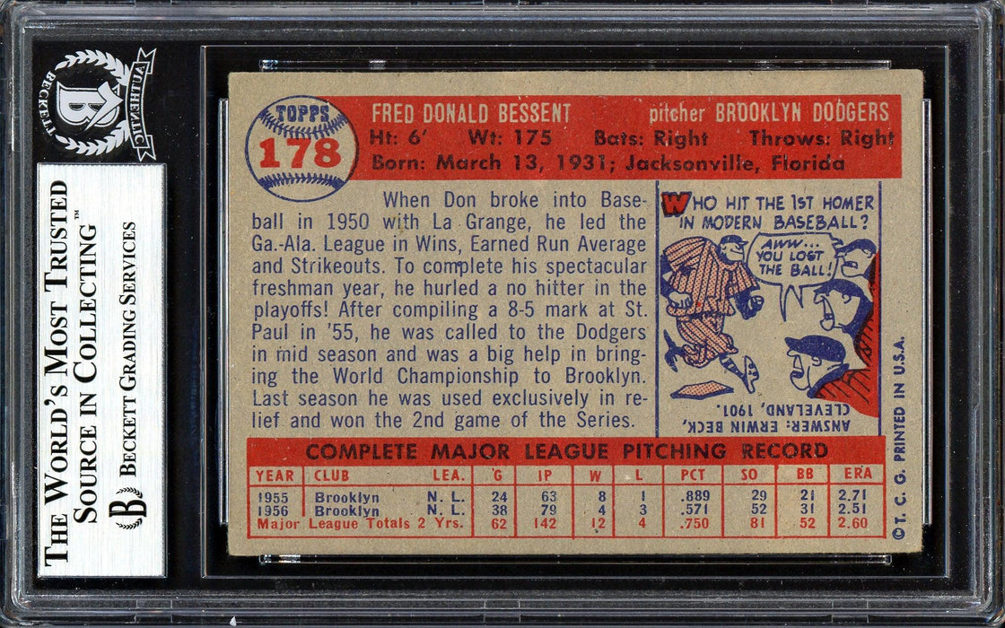 Don Bessent Autographed 1957 Topps Card #178 Brooklyn Dodgers Beckett BAS #13608044 - RSA