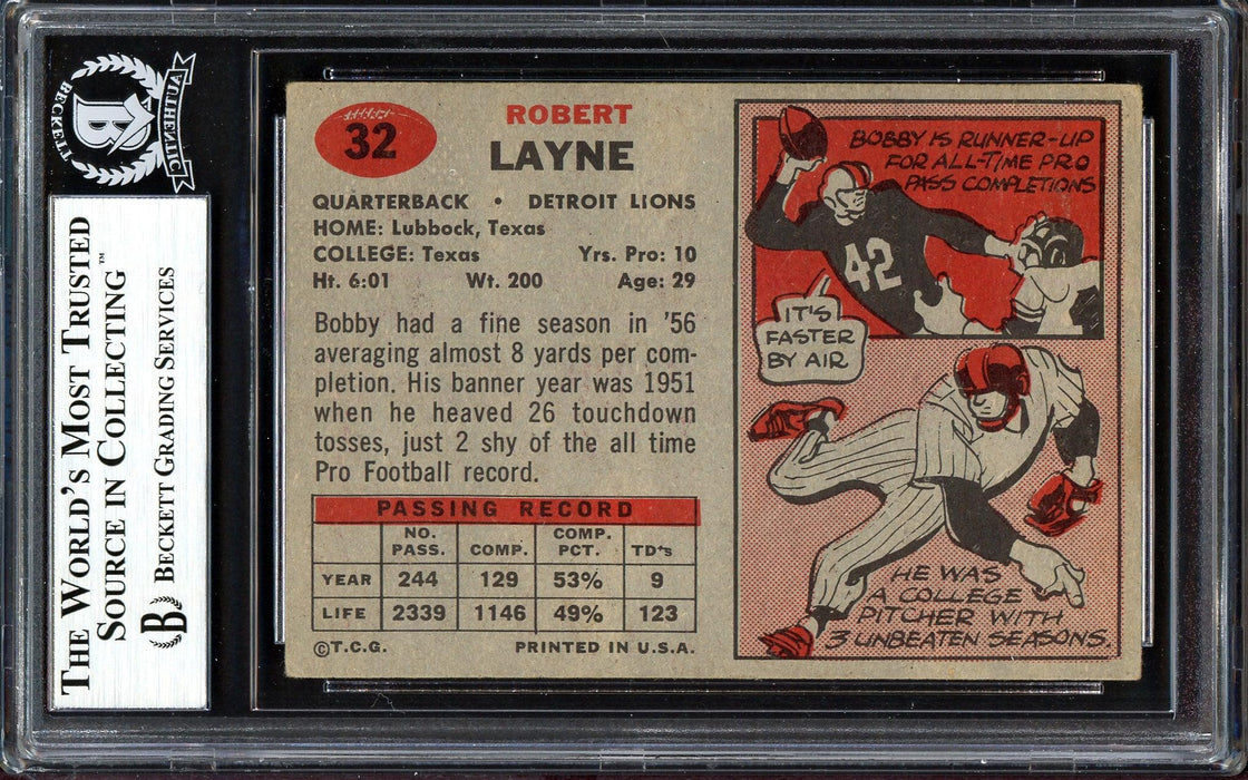 Bobby Layne Autographed 1957 Topps Card #32 Detroit Lions Signed Twice Beckett BAS #13608275 - RSA