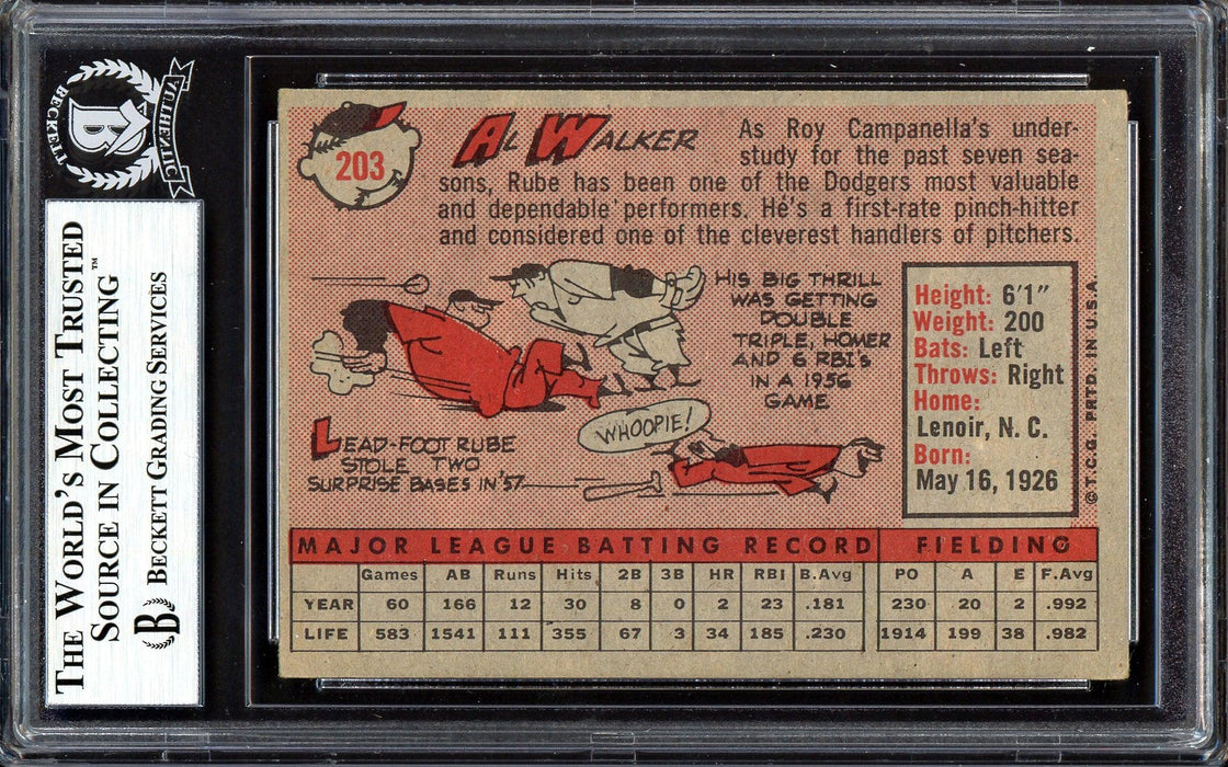 Al "Rube" Walker Autographed 1958 Topps Card #203 Los Angeles Dodgers Beckett BAS #13608389 - RSA