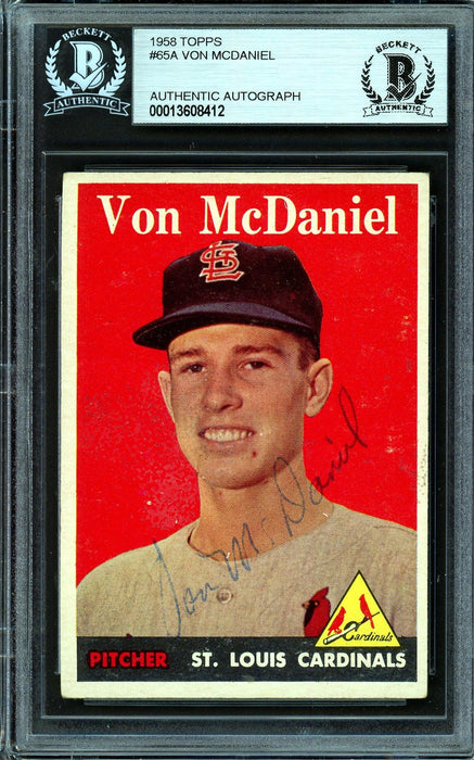 Von McDaniel Autographed 1958 Topps Rookie Card #65 St. Louis Cardinals Beckett BAS #13608412 - RSA