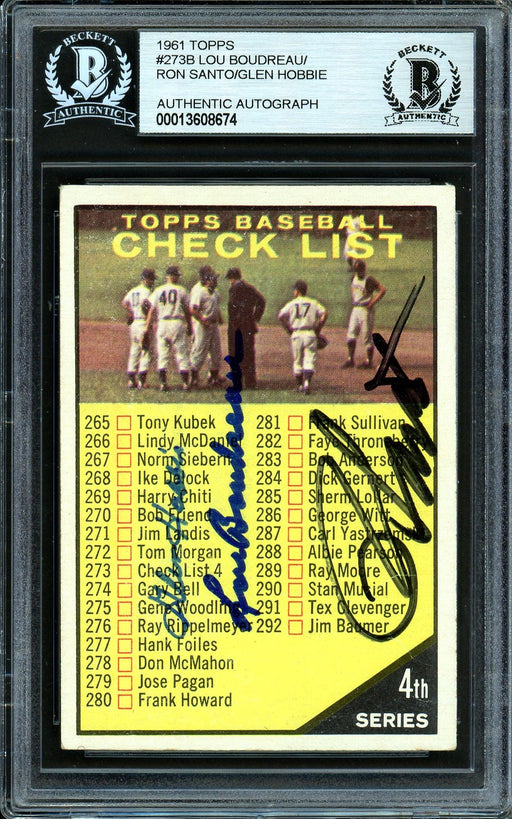 Ron Santo, Lou Boudreau & Glen Hobbie Autographed 1961 Topps Checklist Card #273 Beckett BAS #13608674 - RSA
