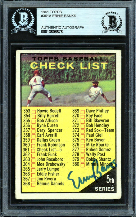Ernie Banks Autographed 1961 Topps Checklist Card #361 Chicago Cubs Beckett BAS #13608676 - RSA