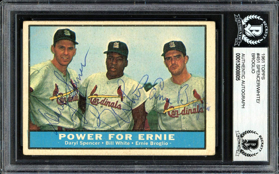 Bill White, Daryl Spencer & Ernie Broglio Autographed 1961 Topps Card #451 St. Louis Cardinals Beckett BAS #13608805 - RSA