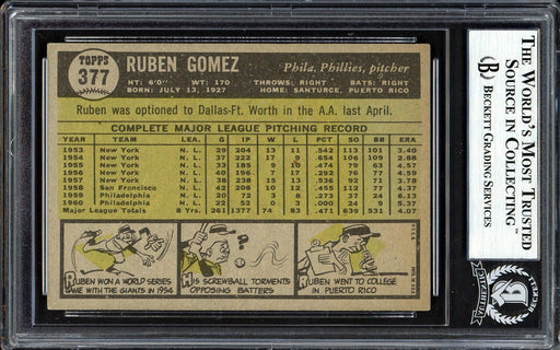 Ruben Gomez Autographed 1961 Topps Card #377 Philadelphia Phillies Beckett BAS #13608825 - RSA