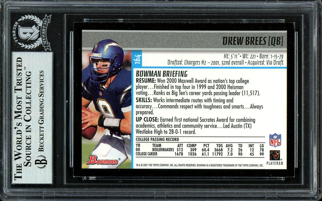 Drew Brees Autographed 2001 Bowman Rookie Card #164 San Diego Chargers Beckett BAS #13609277 - RSA