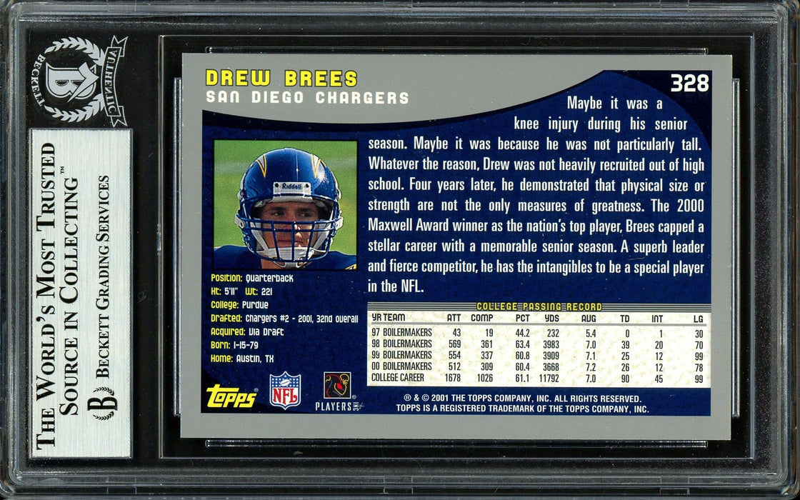 Drew Brees Autographed 2001 Topps Rookie Card #328 San Diego Chargers Beckett BAS #13609370 - RSA