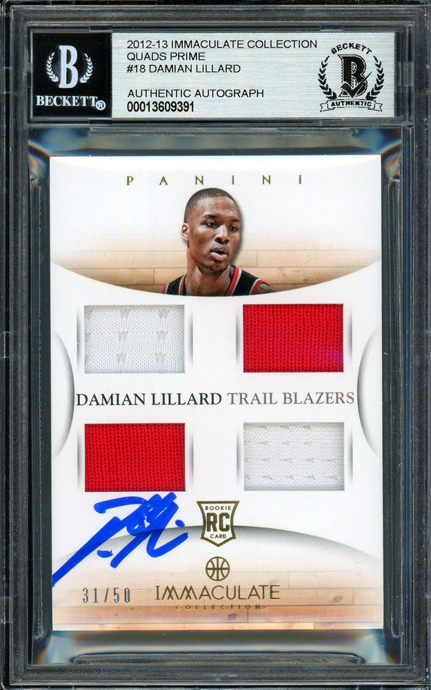 Damian Lillard Autographed 2012-13 Panini Immaculate Quad Patch Rookie Card #18 Portland Trail Blazers #31/50 Beckett BAS #13609391 - RSA