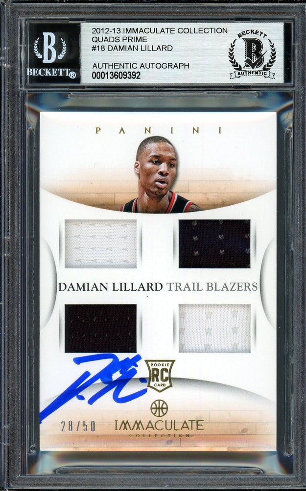 Damian Lillard Autographed 2012-13 Panini Immaculate Quad Patch Rookie Card #18 Portland Trail Blazers #28/50 Beckett BAS #13609392 - RSA