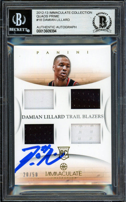 Damian Lillard Autographed 2012-13 Panini Immaculate Quad Patch Rookie Card #18 Portland Trail Blazers #20/50 Beckett BAS #13609394 - RSA