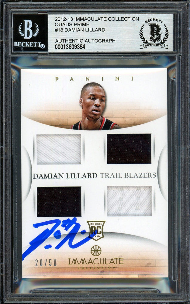 Damian Lillard Autographed 2012-13 Panini Immaculate Quad Patch Rookie Card #18 Portland Trail Blazers #20/50 Beckett BAS #13609394 - RSA