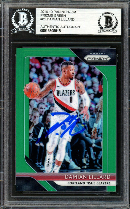 Damian Lillard Autographed 2018-19 Panini Prizm Green Card #81 Portland Trail Blazers Beckett BAS #13609515 - RSA