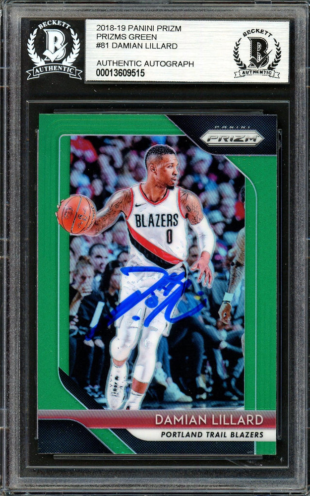 Damian Lillard Autographed 2018-19 Panini Prizm Green Card #81 Portland Trail Blazers Beckett BAS #13609515 - RSA