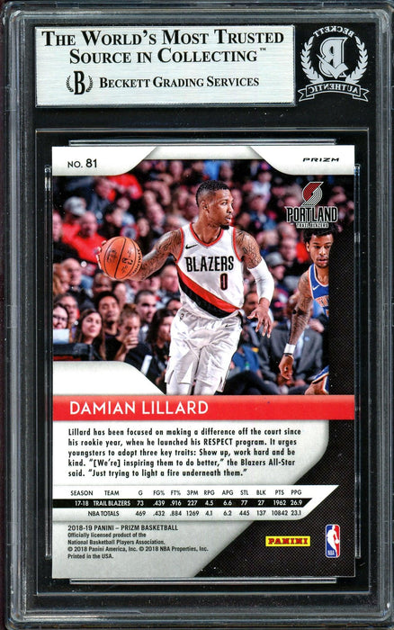 Damian Lillard Autographed 2018-19 Panini Prizm Green Card #81 Portland Trail Blazers Beckett BAS #13609515 - RSA