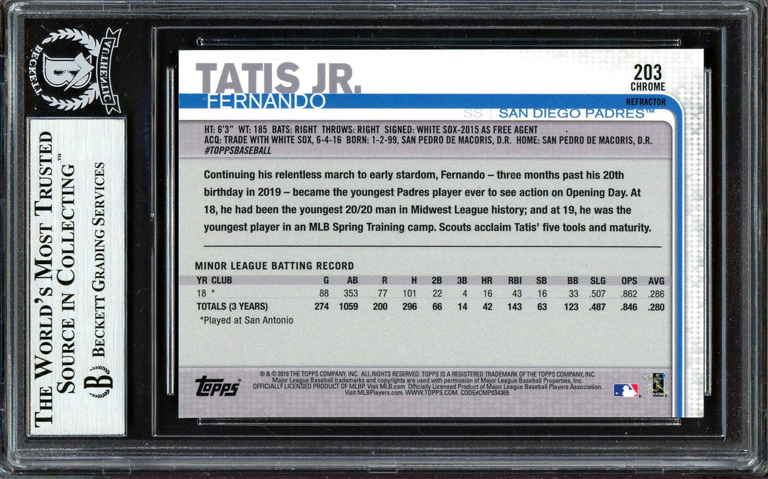 Fernando Tatis Jr. Autographed 2019 Topps Chrome Refractor Rookie Card #203 San Diego Padres Beckett BAS #13609594 - RSA