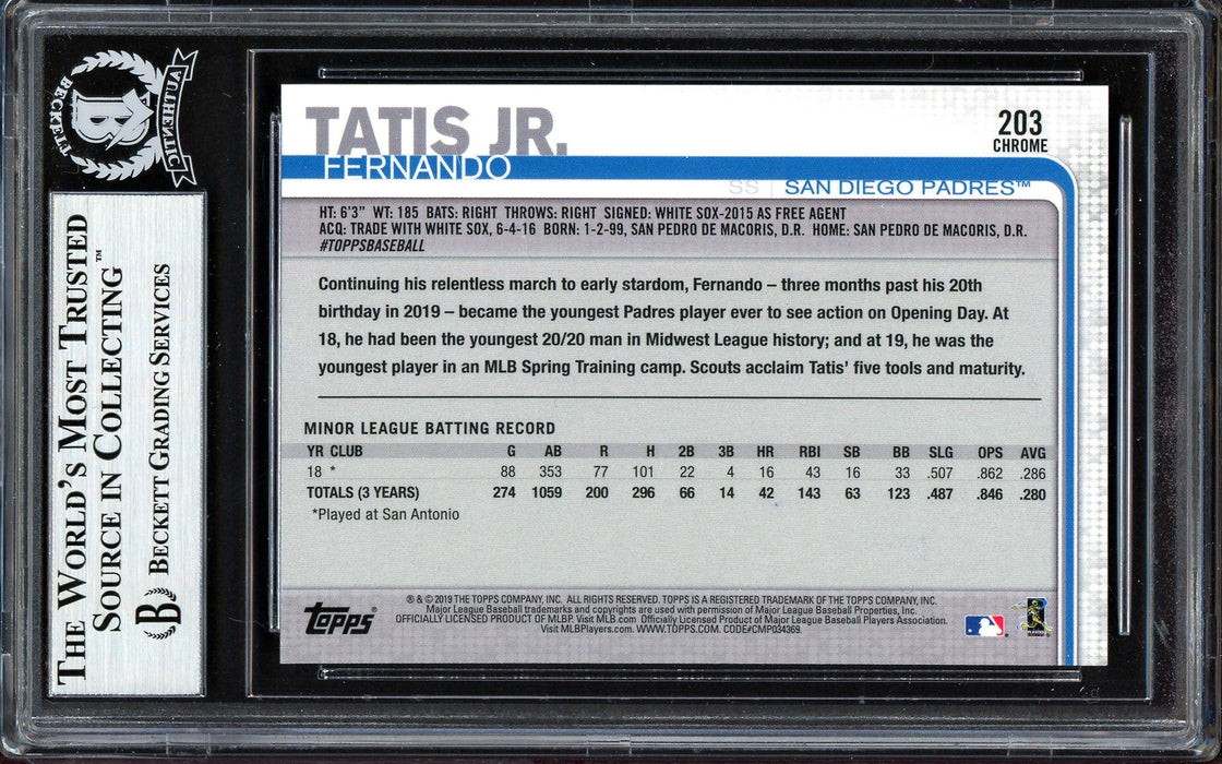 Fernando Tatis Jr. Autographed 2019 Topps Chrome Rookie Card #203 San Diego Padres (Bubbling) Beckett BAS #13609618 - RSA