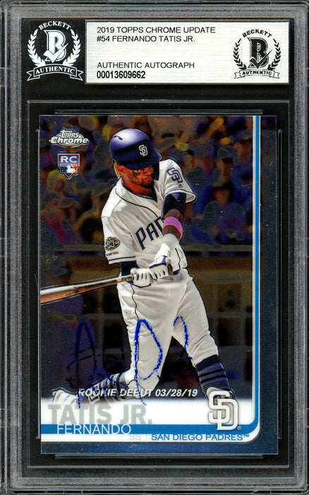 Fernando Tatis Jr. Autographed 2019 Topps Chrome Update Rookie Card #54 San Diego Padres (Bubbling) Beckett BAS #13609662 - RSA